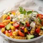 Colorful crisp Italian pasta salad with fresh vegetables and creamy mozzarella cheese.