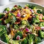 Creamy broccoli bacon salad with cranberries and sunflower seeds in bowl