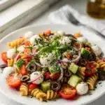 Colorful Italian pasta salad with rotini, fresh vegetables, and mozzarella cheese.