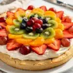 Colorful fresh fruit pizza with creamy frosting on a soft sugar cookie crust.