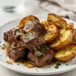 Golden crispy potatoes and juicy steak bites in glossy garlic butter sauce.