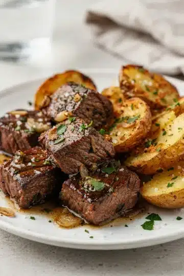 Golden crispy potatoes and juicy steak bites in glossy garlic butter sauce.