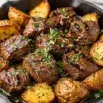 Skillet garlic butter steak bites and potatoes in creamy sauce close up