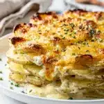 Classic Garlic Parmesan Scalloped Potatoes in a white ceramic baking dish.