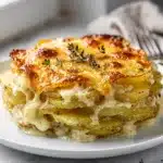 Creamy golden brown garlic parmesan scalloped potatoes in rustic ceramic dish