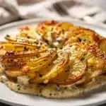Creamy garlic parmesan scalloped potatoes with a crispy golden brown cheese topping.