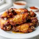 Crispy hot honey chicken wings with blue cheese dressing and celery.