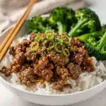 Classic Korean ground beef bowl with glossy sauce over fluffy white rice.