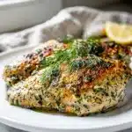 Lemon dill Greek yogurt chicken with a crispy golden crust and creamy marinade