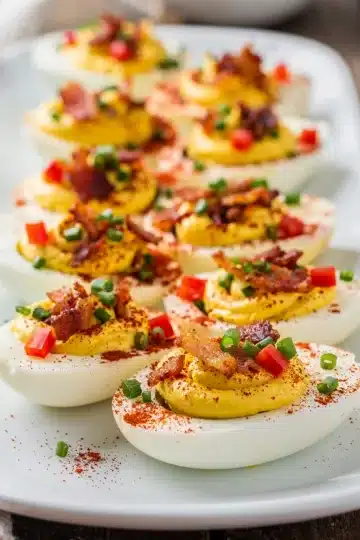 Classic deviled eggs with creamy filling and crispy bacon bits on rustic board