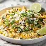 Creamy loaded Mexican street corn dip with cotija cheese and tortilla chips.