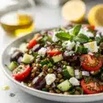 Easy Mediterranean lentil salad with fresh vegetables and crumbled feta cheese