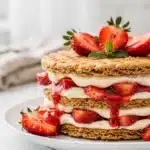 No bake strawberry shortcake trifle with layers of cream and juicy berries