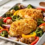 Crispy parmesan crusted chicken with roasted potatoes and vegetables on sheet pan.