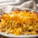 Creamy slow cooker cheesy hashbrown casserole with a golden crispy cheese pull.