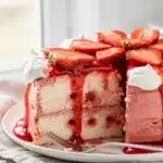 No bake strawberry jello poke cake slice with whipped topping and fresh strawberries.