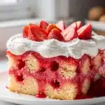 Easy strawberry jello poke cake with whipped cream and fresh strawberry garnish