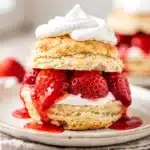Classic strawberry shortcake biscuit with juicy berries and whipped cream