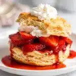 Golden brown buttery biscuit topped with fresh strawberries and vanilla whipped cream.