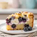Blueberry cream cheese coffee cake slice on rustic board