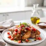 Crispy chicken thighs topped with fresh tomato bruschetta on a rustic board.
