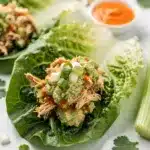 Creamy buffalo avocado chicken salad in crisp lettuce wraps close up