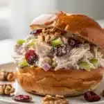 Creamy cranberry walnut chicken salad sandwich on toasted brioche bun.