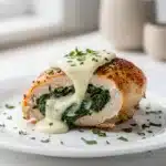 Creamy spinach stuffed chicken breast sliced open on a rustic wooden board.