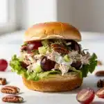 Close up of crunchy pecan grape chicken salad slider on wooden board