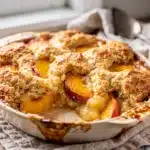 Golden brown peach cobbler with glossy syrupy peach filling