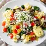 High protein egg white veggie scramble with colorful peppers and spinach