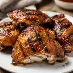 Honey garlic BBQ grilled chicken thighs with glossy glaze on rustic board