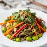 Japanese soba noodle salad with edamame and sesame dressing