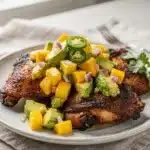 Jerk chicken topped with fresh mango avocado salsa on white plate