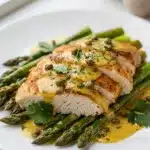 Lemon chicken piccata with asparagus and capers on a rustic white plate