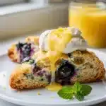 Lemon blueberry buttermilk scones with glossy white glaze drizzle.