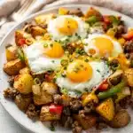Loaded breakfast potato skillet with eggs, sausage, peppers, and melted cheese.