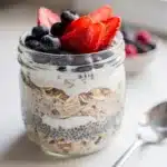 Low calorie protein overnight oats in a glass jar with blueberries and chia seeds