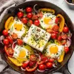 Mediterranean baked feta eggs with tomatoes and peppers in cast iron skillet