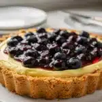 No bake lemon blueberry cheesecake tart slice close up