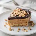 Rich chocolate peanut butter lasagna cross section dessert slice.