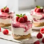 Creamy raspberry white chocolate cheesecake cups in close up