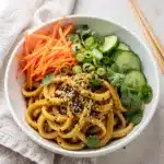 Sesame ginger cold udon noodle bowl close up food photography