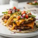 Crispy smash burger tacos with cheese and fresh toppings on tortillas.