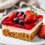 Strawberry cream cheese pretzel salad bars, glossy ruby topping.