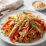 Thai Peanut Chicken Noodle Salad creamy glossy closeup