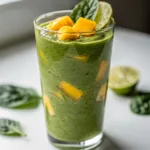 Vibrant tropical green detox smoothie with toasted coconut and mint