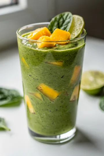 Vibrant tropical green detox smoothie with toasted coconut and mint
