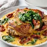 Crispy chicken thighs in creamy garlic parmesan sauce with sun dried tomatoes