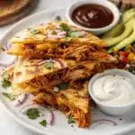 Golden crispy BBQ chicken quesadilla with melted cheddar cheese.